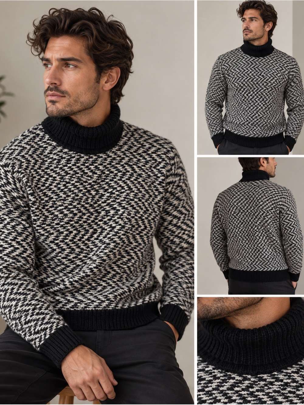 Calibrate Nordstrom Herringbone Turtleneck Sweater Black Cream Sz M